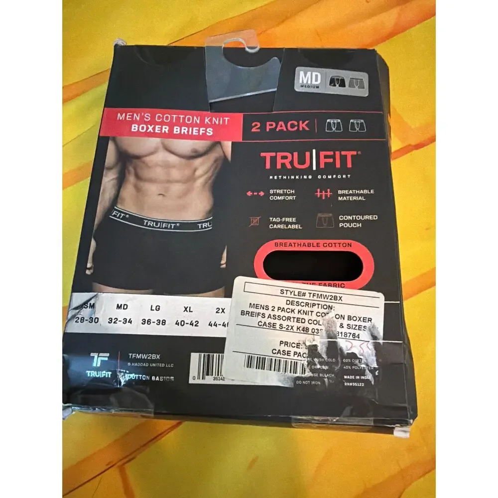TRUFIT Men's Cotton Knit Boxer Briefs 2 Pack Medium 32-34 Assorted Colors NIB